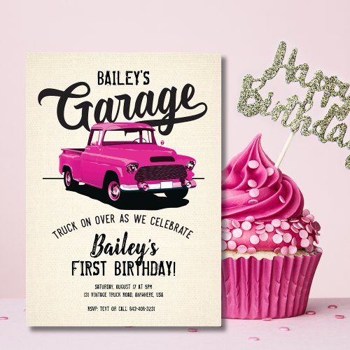 Cute Pink Vintage Truck Birthday Invitation