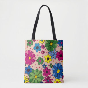 Cute Pink w/ Happy Colorful Flowers Tote Bag