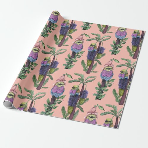 Cute Pink Watercolor African Bird Pattern Wrapping Paper