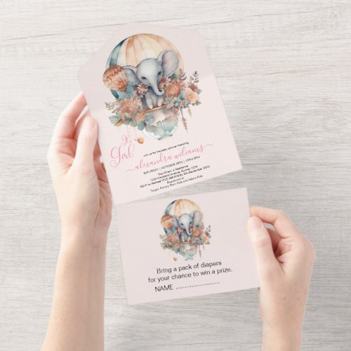 Cute Pink Watercolor Air Balloon Elephant Baby Sho All In One Invitation