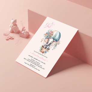 Cute Pink Watercolor Air Balloon Elephant Baby Sho Invitation