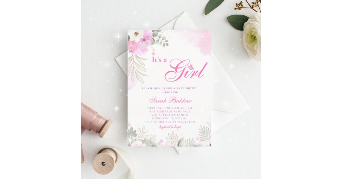 Cute Pink Watercolor Baby Girl Shower Invitation | Zazzle