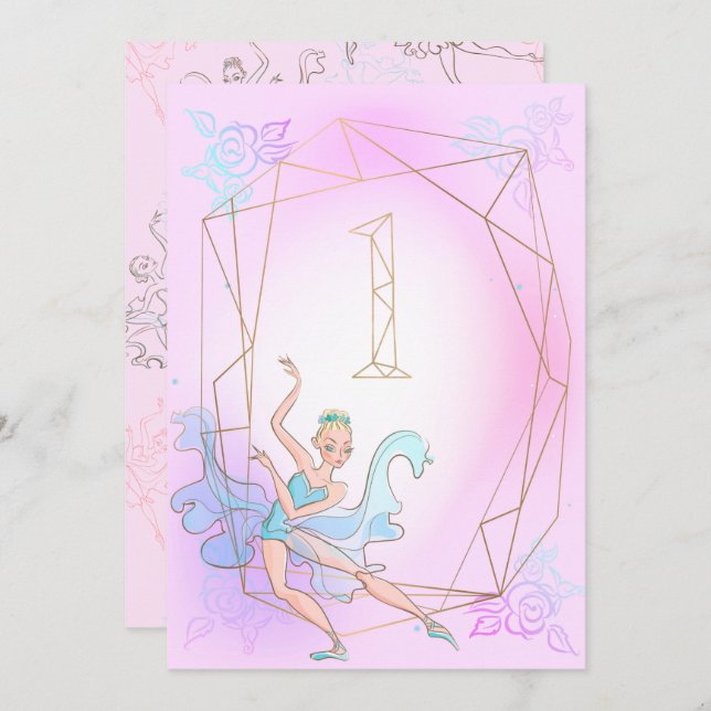 Cute Pink Watercolor Ballerina Gold Geometric Name Invitation (Front/Back)