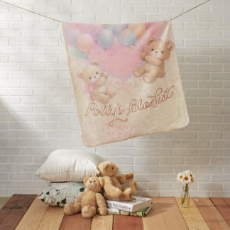 Cute Pink Watercolor Balloon Bear Heart Baby Blanket