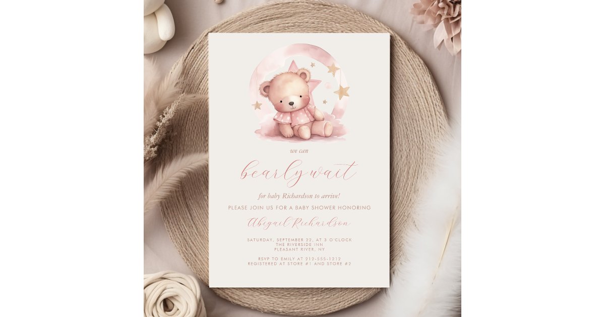Cute Pink Watercolor Bear Girl Baby Shower Invitation | Zazzle