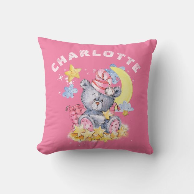 Cute Pink Watercolor Bear Sleep Time Nursery Throw Pillow (Front)
