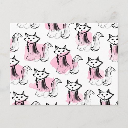Cute pink watercolor black brushstrokes cats trend postcard