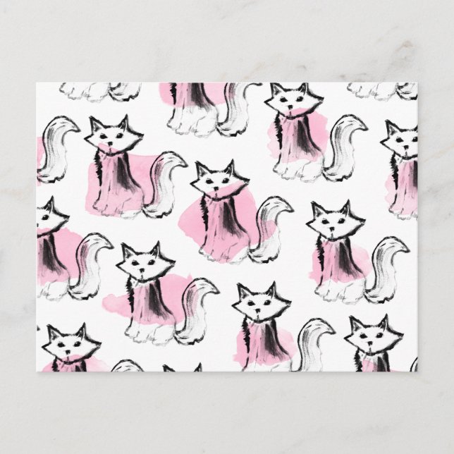 Cute pink watercolor black brushstrokes cats trend postcard (Front)