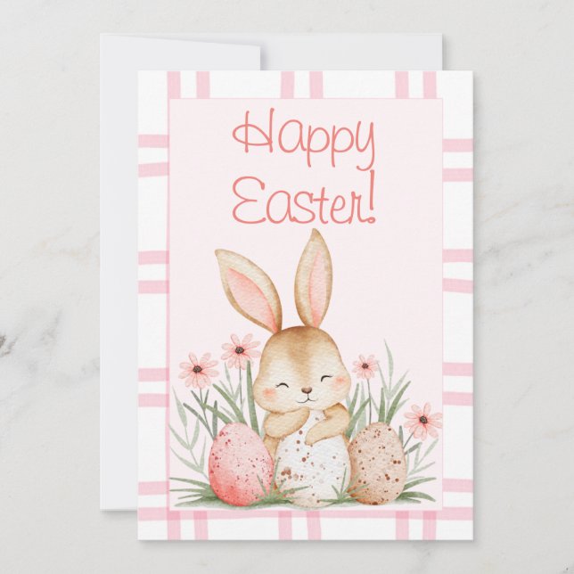 Cute Pink Watercolor Bunny and Easter Eggs Holiday Card (Front)