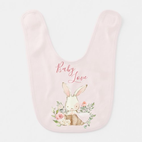 Cute Pink Watercolor Bunny Baby Love  Baby Bib
