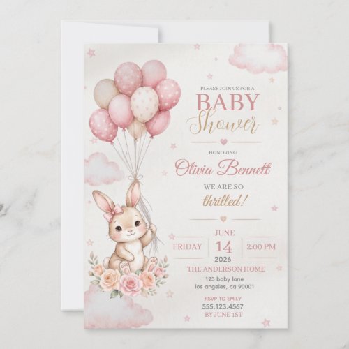 Cute Pink Watercolor Bunny Girl Baby Shower  Invitation