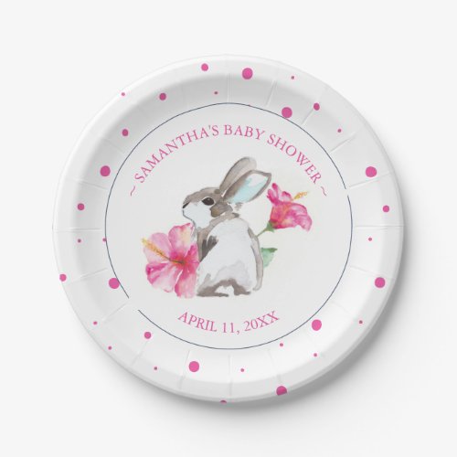 Cute Pink Watercolor Bunny Girl Baby Shower Paper Plates