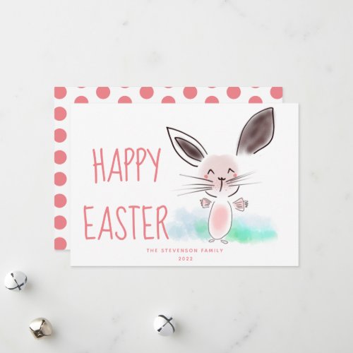  Cute Pink Watercolor Bunny Happy Easter Holiday Card