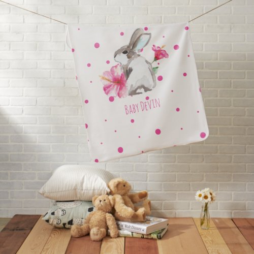 Cute Pink Watercolor Bunny Nursery Gift Baby Blanket