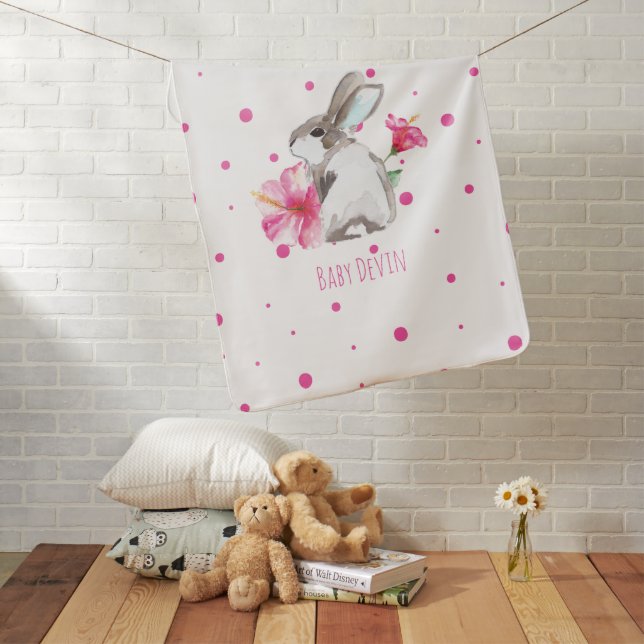 Cute Pink Watercolor Bunny Nursery Gift Baby Blanket (In Situ)