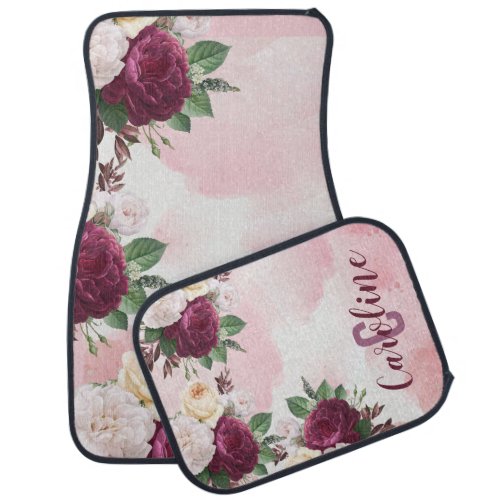 Cute Pink Watercolor Burgundy Floral Monogram Car Floor Mat