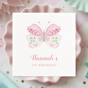 Cute Pink Watercolor Butterfly 1st Birthday Party Napkins
