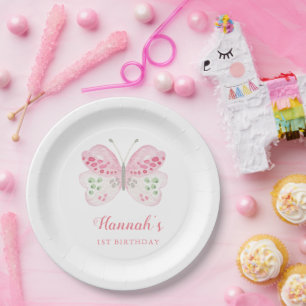 Cute Pink Watercolor Butterfly 1st Birthday Party Paper Plates