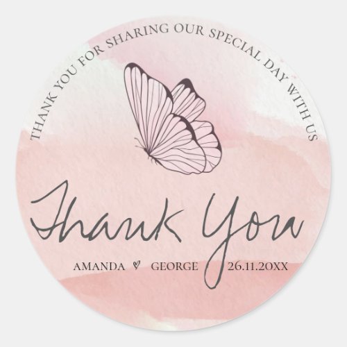 Cute Pink Watercolor Butteryfly Wedding Thank You Classic Round Sticker