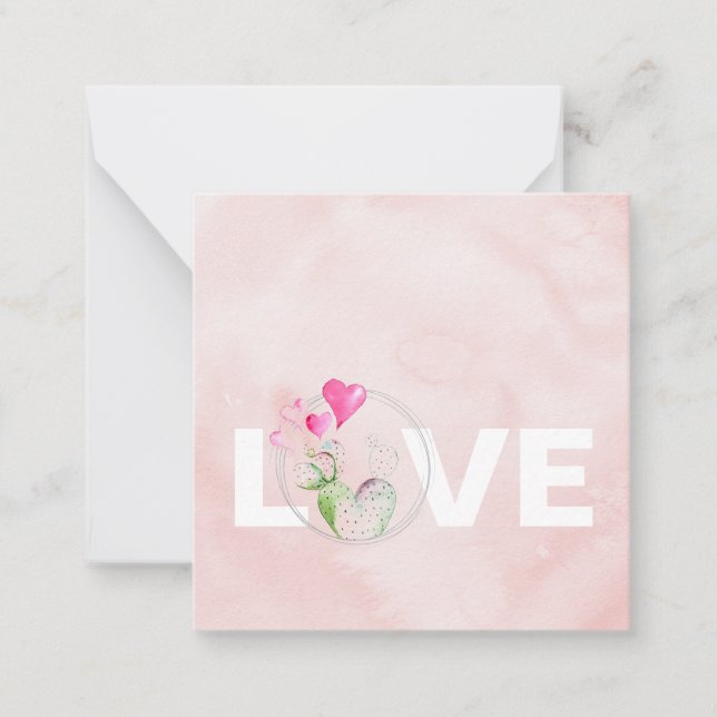 Cute Pink Watercolor Cactus Valentines Day Note Card (Front)