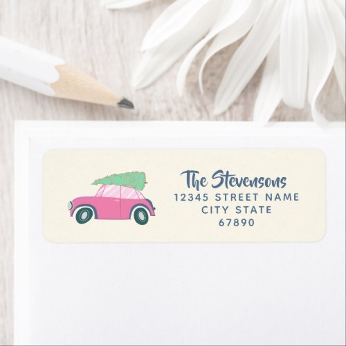 Cute Pink Watercolor Car Christmas Return Address  Label