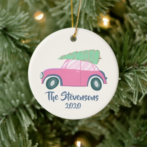 Cute Pink Watercolor Car Xmas Tree Personalized Ceramic Ornament