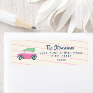 Cute Pink Watercolor Car Xmas Tree Return Address Label