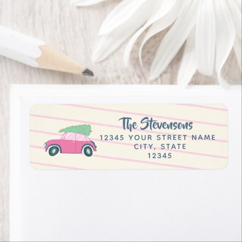 Cute Pink Watercolor Car Xmas Tree Return Address Label