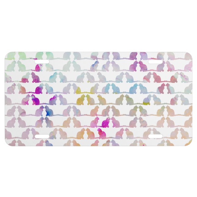 Cute pink watercolor cat silhouette pattern license plate (Front)