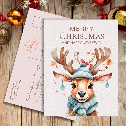 Cute Pink Watercolor Christmas Reindeer Postcard