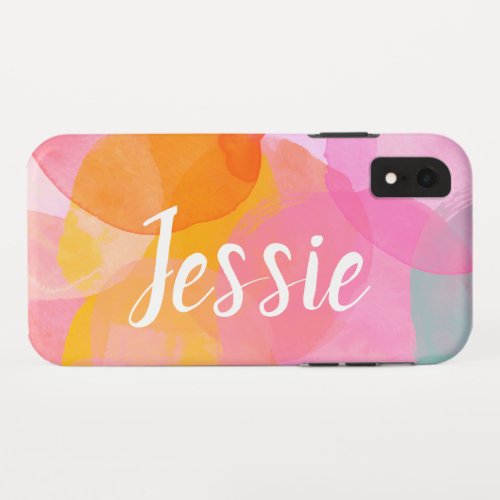 Cute Pink Watercolor Custom Script Monogram Name iPhone XR Case