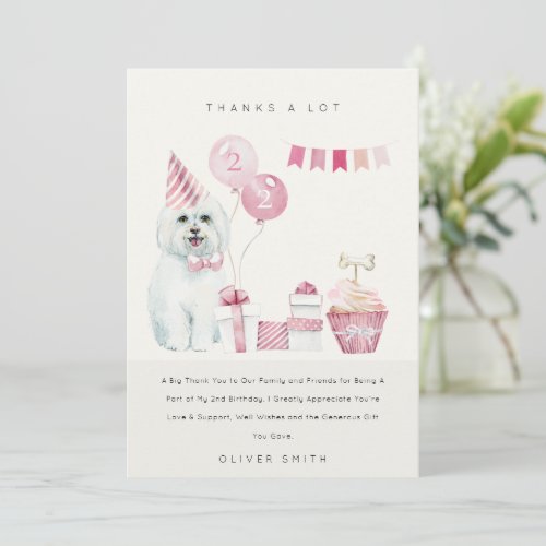 Cute Pink Watercolor Dog Any Age Birthday Party Thank You Card