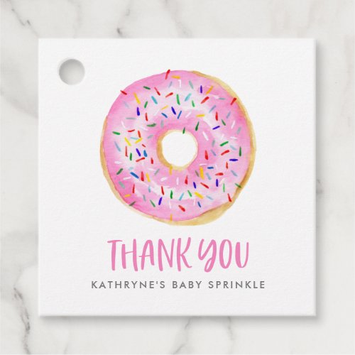 Cute Pink Watercolor Donut Baby Sprinkle Thank You Favor Tags