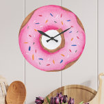 Cute Pink Watercolor Donut Large Clock<br><div class="desc">This fun wall clock is decorated with a watercolor pink donut with sprinkles.
The perfect gift for a donut lover!
Original Watercolor © Michele Davies.</div>
