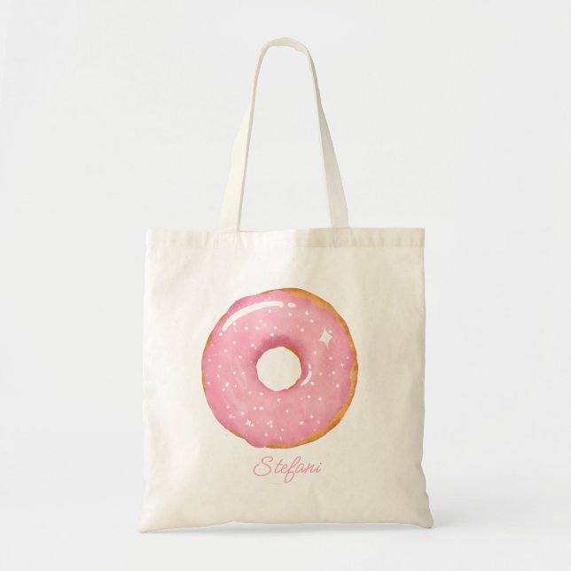 Cute Pink Watercolor Donut with Sprinkles Custom Tote Bag (Front)
