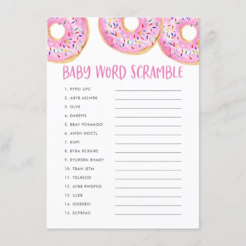 Cute Pink Watercolor Donuts Baby Word Scramble Enclosure Card