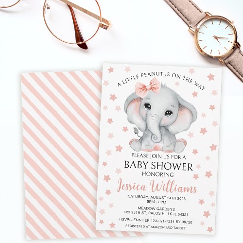 Cute pink watercolor elephant baby girl shower invitation