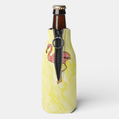 Cute Pink Watercolor Flamingos on Summer Yellow Bottle Cooler