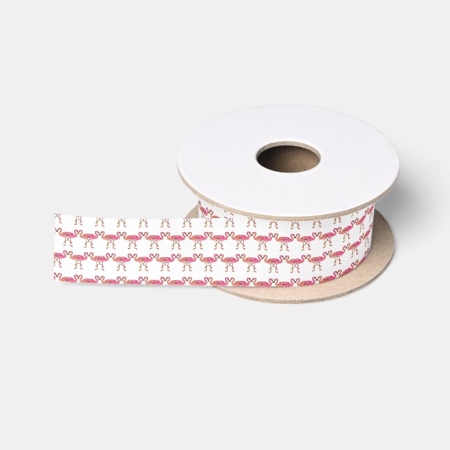 Cute Pink Watercolor Flamingos on White Satin Ribbon (Spool)