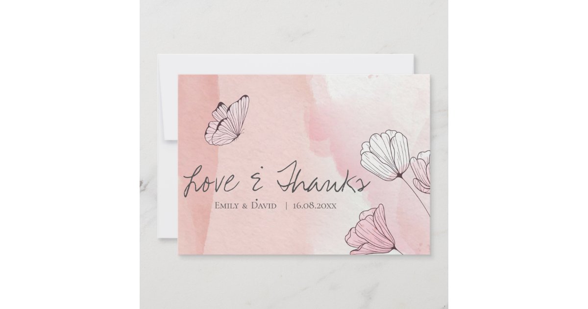 Cute Pink Watercolor Floral butterfly Wedding Thank You Card | Zazzle