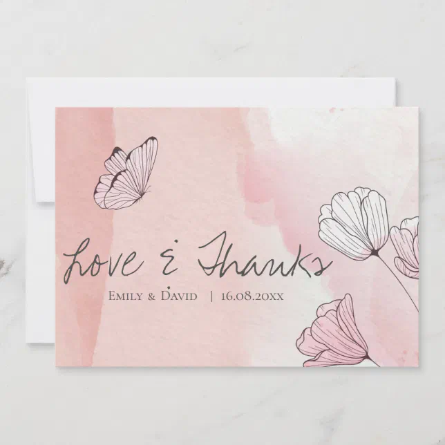 Cute Pink Watercolor Floral butterfly Wedding Thank You Card | Zazzle