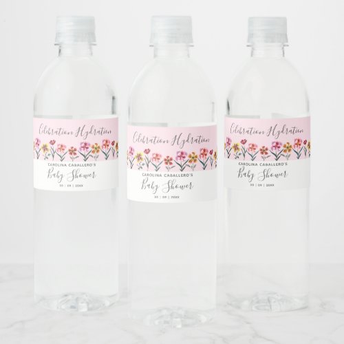 Cute Pink Watercolor Floral Girl Baby Shower Water Bottle Label