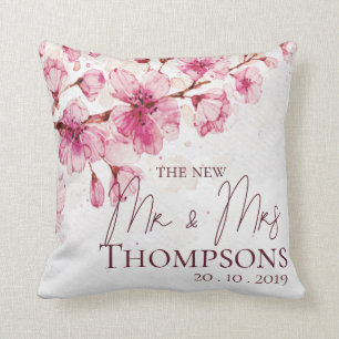 Cute Pink Watercolor Floral New Mr Mrs Wedding Throw Pillow