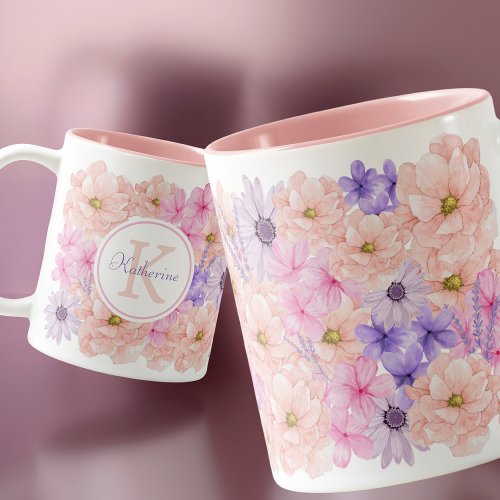 Cute pink watercolor flowers monogrammed for her Two_Tone coffee mug