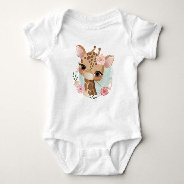 Cute Pink Watercolor Giraffe Baby Bodysuit (Front)