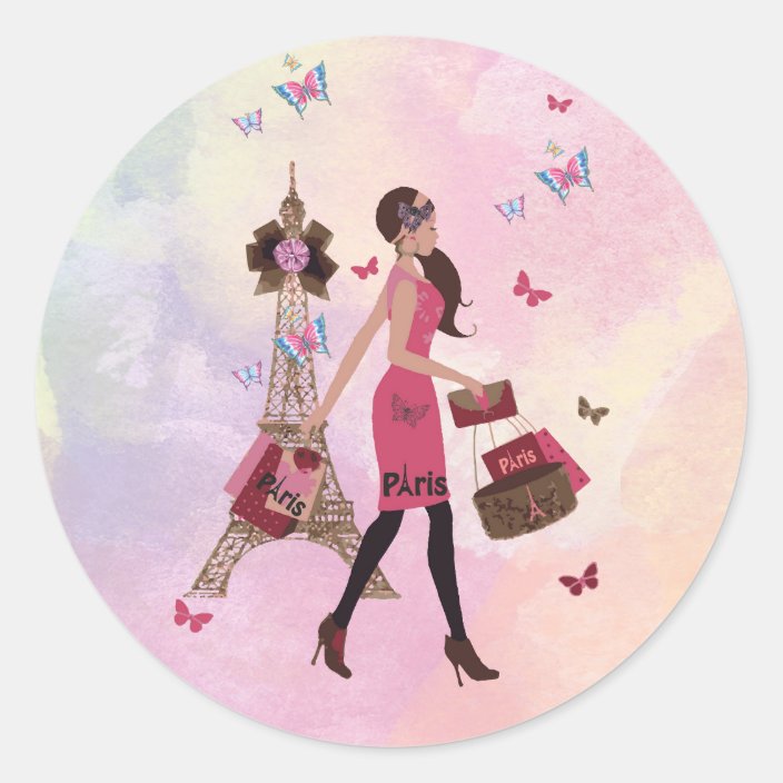 Cute Pink Watercolor Girl Paris Eiffel Tower Classic Round Sticker