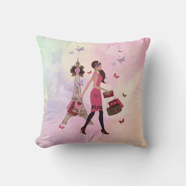 Cute Pink Watercolor Girl Paris Eiffel Tower Throw Pillow (Front)