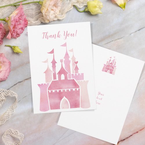 Cute pink watercolor girly castle fairy princess thank you card