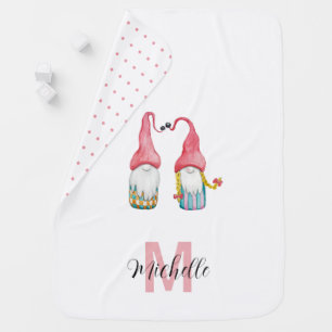 Cute Pink Watercolor Gnome Monogrammed Baby Blanket