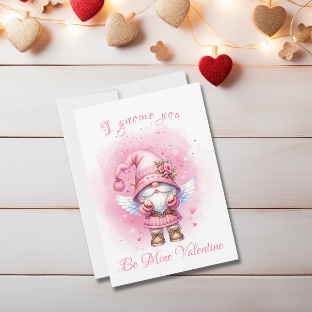 Cute Pink Watercolor Gnome Valentine Day Holiday Card (Creator Uploaded)